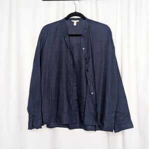 EILEEN FISHER Organic Handkerchief Linen Mandarin Collar Shirt In Navy Blue